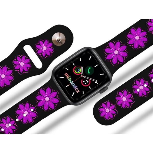 Řemínek Mi-Band na Apple Watch 42/44/45/49 mm - motiv Fialová květina, černý 

