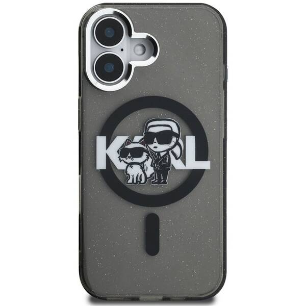 Kryt na mobil Karl Lagerfeld IML Glitter Karl and Choupette Sketch MagSafe na Apple iPhone 16 černý

