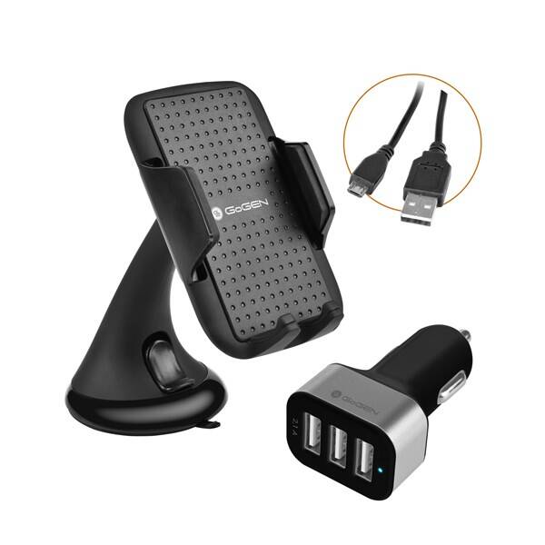 Držák na mobil GoGEN 3 v 1, držák na mobil, autonabíječka, micro USB kabel, kroucený, 1,2m černé

