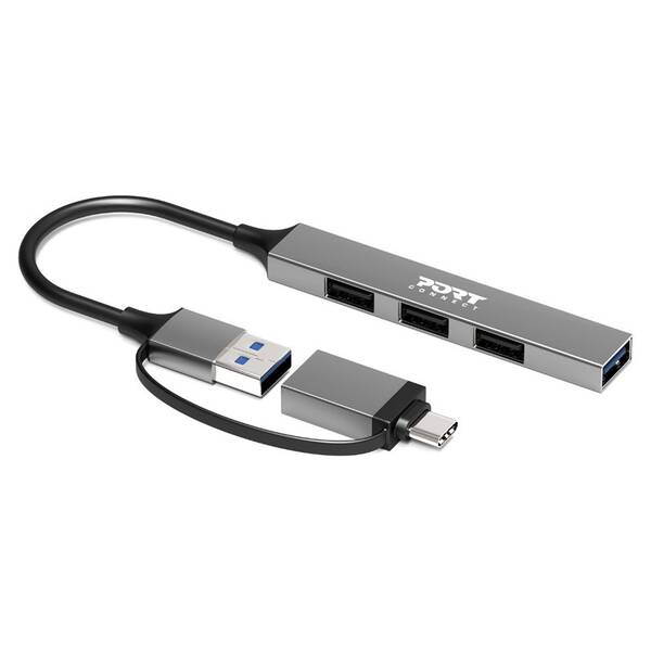 USB Hub PORT CONNECT USB-A/USB-C, 1x USB 3.0 + 3x USB 2.0 stříbrný

