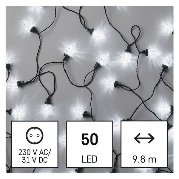 Vánoční osvětlení EMOS 50 LED řetěz - 9,8 m, šišky, venkovní i vnitřní, studená bílá 

