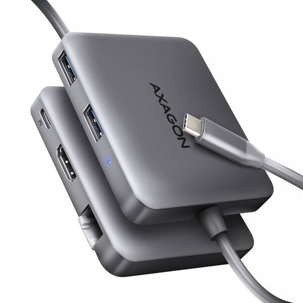 USB Hub Axagon HMC-5HL - 2x USB-A/HDMI/RJ-45/PD 100W - kabel USB-C 20cm šedý

