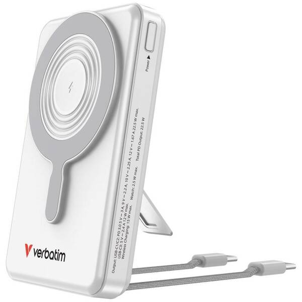 Powerbanka Verbatim magnetická, bezdrátová Charge 'n' Go C+C, displej, 10000 mAh stříbrná

