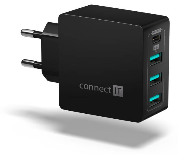 Nabíječka do sítě Connect IT Fast Charge 3x USB + 1x USB-C, 4,8A s funkcí rychlonabíjení černá

