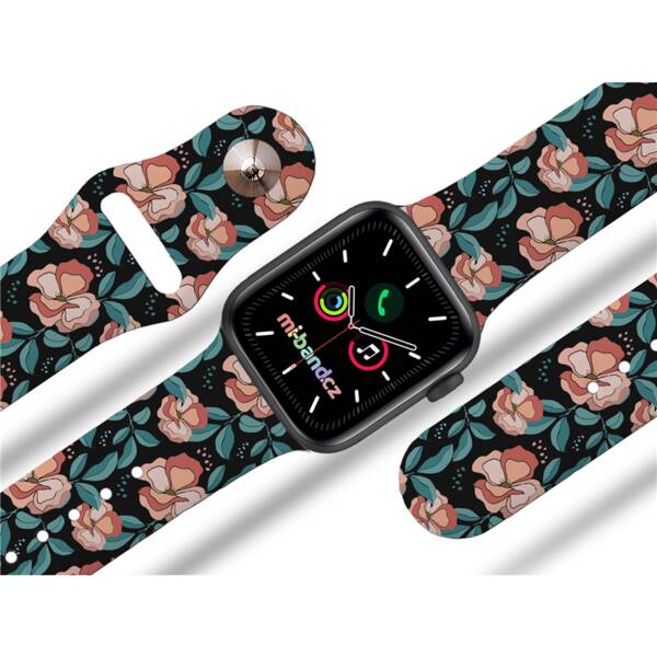Řemínek Mi-Band na Apple Watch 42/44/45/49 mm - motiv Červené květiny, černý 

