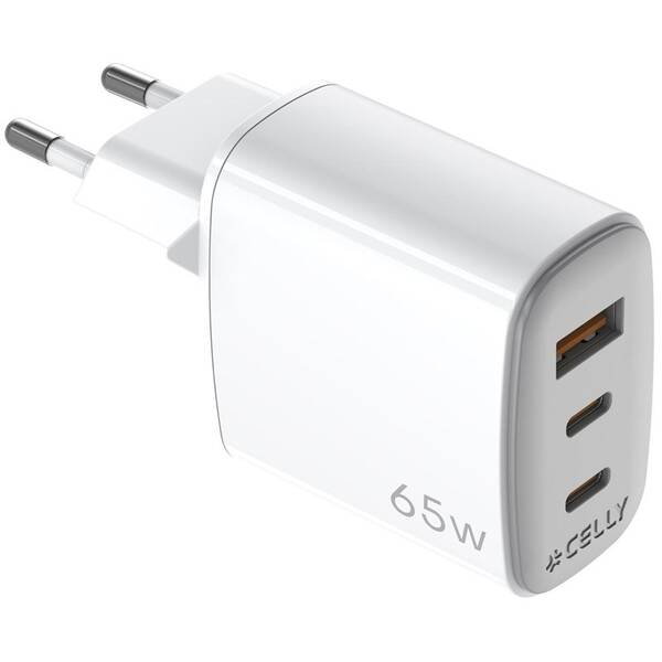 Nabíječka do sítě Celly 2x USB-C/USB-A, GaN, 65 W bílá

