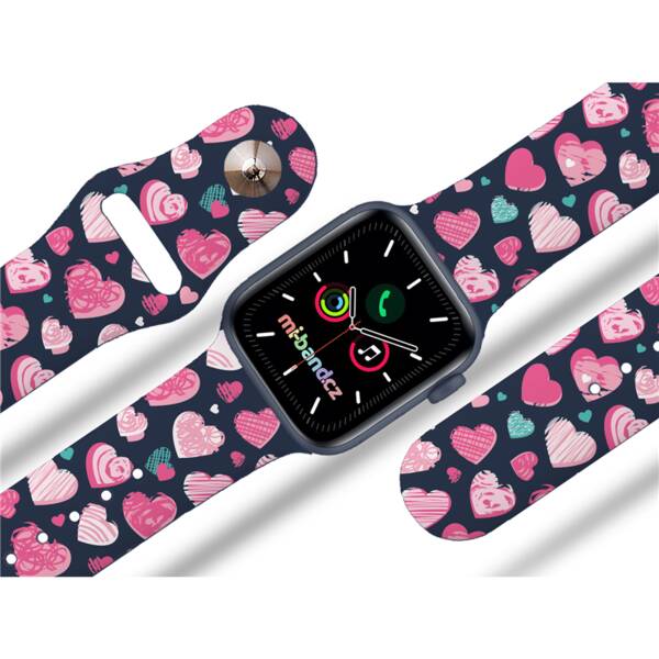 Řemínek Mi-Band na Apple Watch 42/44/45/49 mm - motiv Růžová a modrá srdíčka, modrý 

