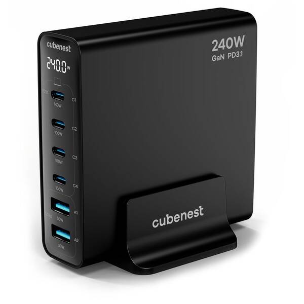 Nabíječka do sítě Cubenest S6D0, 4xUSB-C, 2xUSB-A, PD, GaN, 240 W černá

