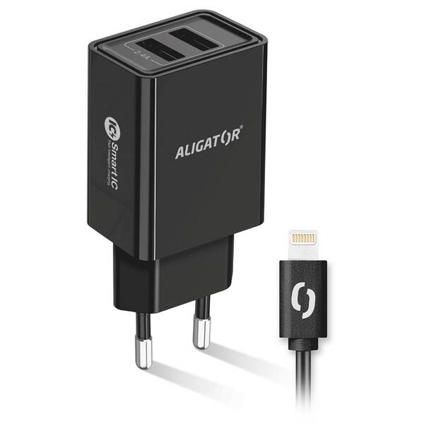 Nabíječka do sítě Aligator 2,4A, 2xUSB, smart IC, USB kabel pro Apple černá

