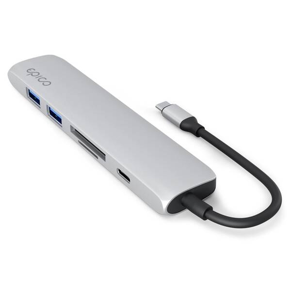 USB Hub Epico 6in1 Aluminium 8K USB-C/1× USB-C, 2× USB 3.0, HDMI, microSD, SD stříbrný

