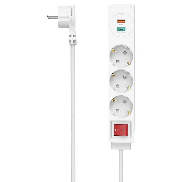 Kabel prodlužovací Hama 3x zásuvka schuko, 1x USB, 1xUSB-C, vypínač, 1,4 m bílý

