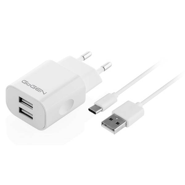 Nabíječka do sítě GoGEN ACH 205 C, 2x USB 2A, 10W + USB-C kabel 1m bílá

