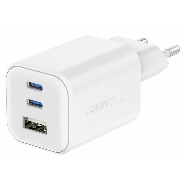 Nabíječka do sítě Swissten GAN 2x USB-C 65W PD + 1x USB-A 18W QC bílá

