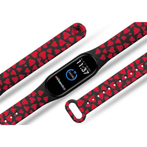 Řemínek Mi-Band na Xiaomi Mi Band 3/4 - motiv Červená srdíčka, černý 

