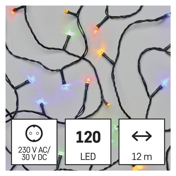 Vánoční osvětlení EMOS 120 LED řetěz, 12 m, venkovní i vnitřní, multicolor, časovač 

