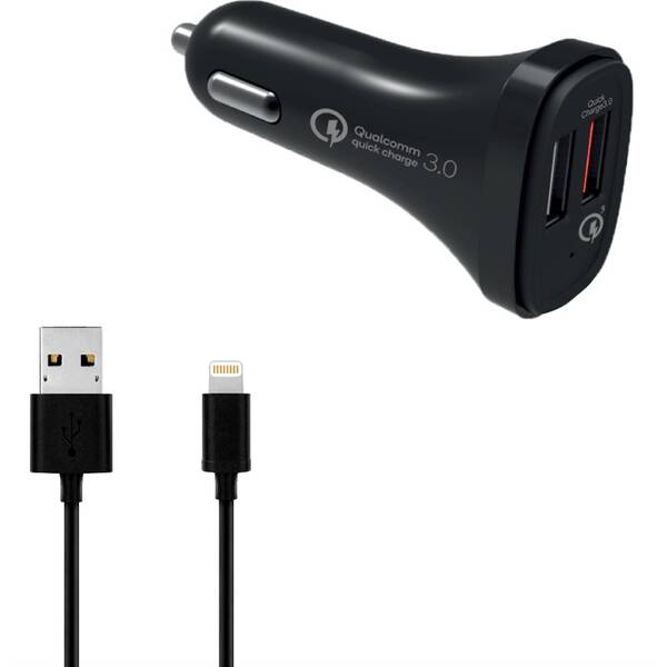 Adaptér do auta WG 2x USB (3,1A), QC 3.0 + Lightning kabel černý

