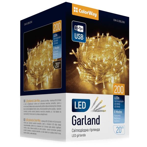 Vánoční osvětlení ColorWay vnitřní, 200 LED, USB, 20m, teplá bílá 

