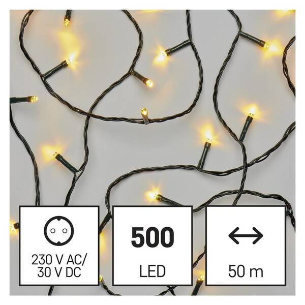 Vánoční osvětlení EMOS 500 LED řetěz, 50 m, venkovní i vnitřní, teplá bílá, časovač 

