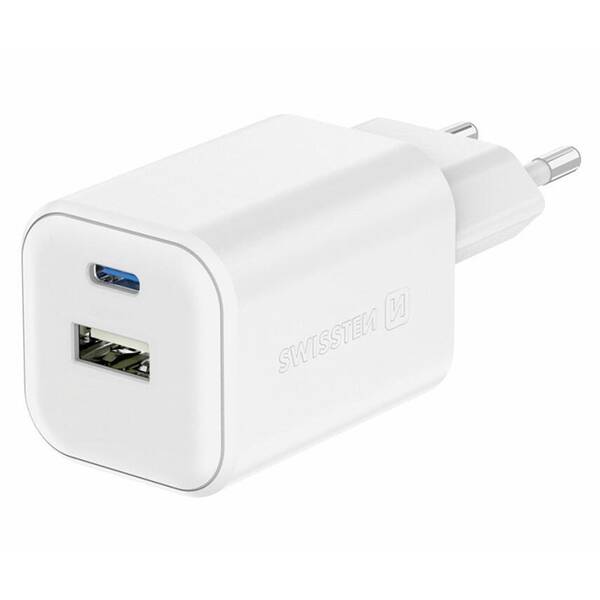 Nabíječka do sítě Swissten GAN 1x USB-C 45W PD + 1x USB-A 18W QC bílá

