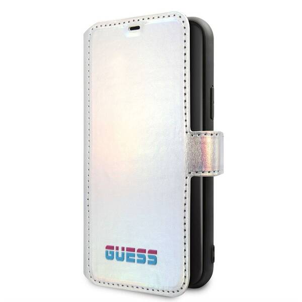 Pouzdro na mobil flipové Guess Iridescent Book na Apple iPhone 11 stříbrné


