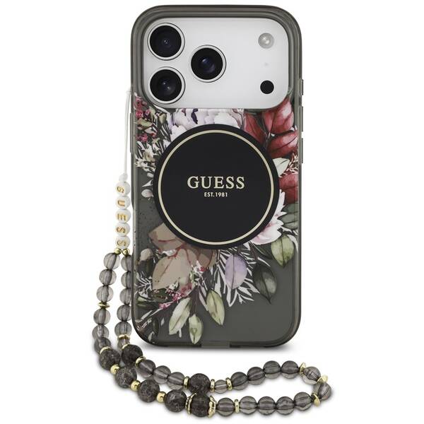 Kryt na mobil Guess IML Flowers Strap MagSafe na Apple iPhone 17 Pro černý

