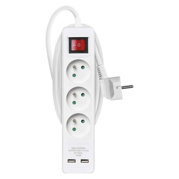 Kabel prodlužovací EMOS 3x zásuvka + 2x USB, 2m bílý

