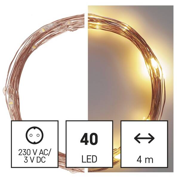 Vánoční osvětlení EMOS 40 LED nano řetěz měděný, 4 m, venkovní i vnitřní, teplá bílá, časovač 

