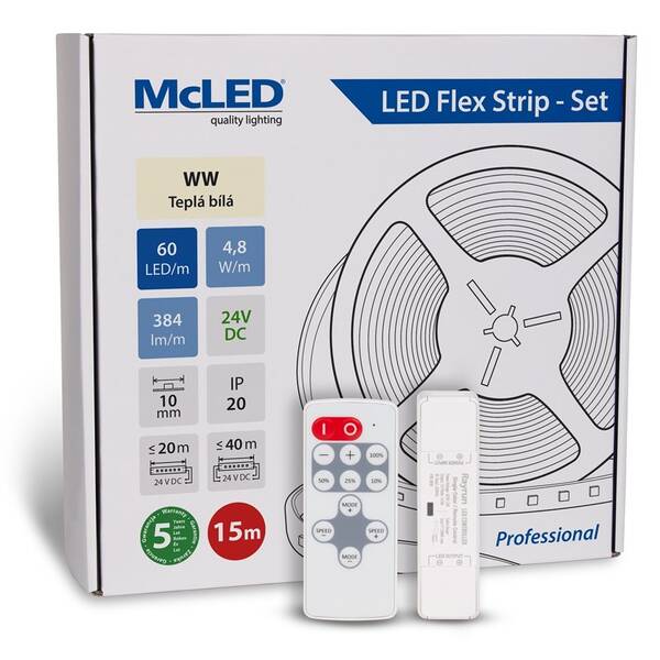 LED pásek McLED s ovládáním Nano - sada 15 m - Professional, 60 LED/m, WW, 384 lm/m, vodič 3 m 

