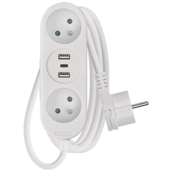 Kabel prodlužovací EMOS 2x zásuvka, 2×USB-A + 1×USB-C, 2m bílý


