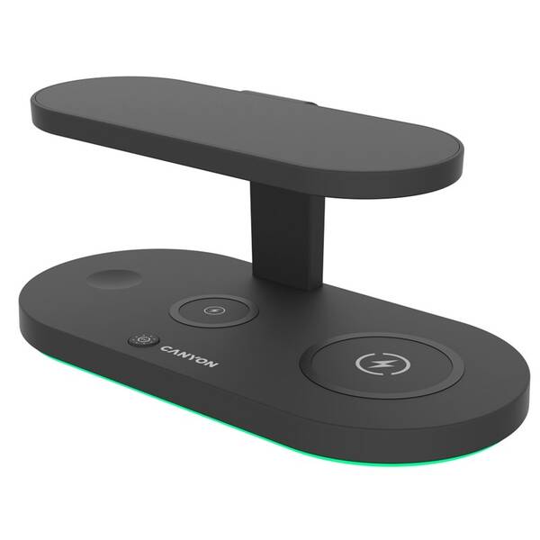 Bezdrátová nabíječka Canyon 5v1 pro telefon, Apple Watch, Airpods, 1x USB, UV lampa černá

