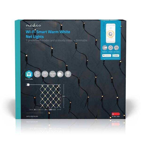Vánoční osvětlení Nedis SmartLife LED, Wi-Fi, Teplá bílá, 280 LED, 3 x 2 m, Android / IOS 

