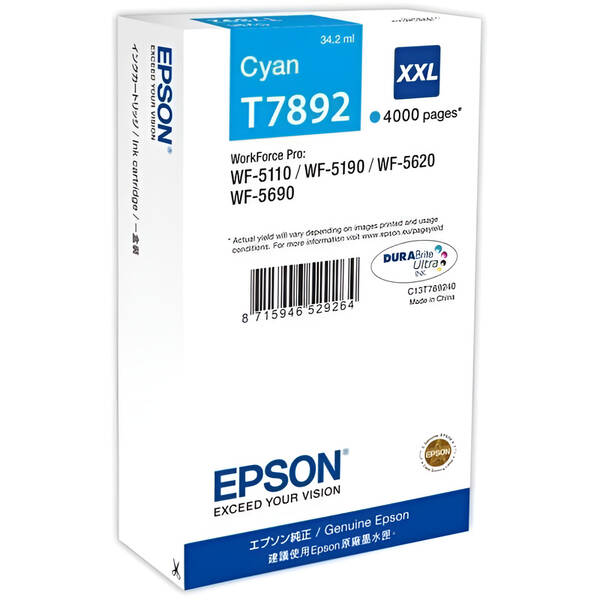 Inkoustová náplň Epson T7892 XXL, 4000 stran azurová

