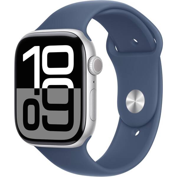 Chytré hodinky Apple GPS + Cellular 46mm pouzdro ze stříbrného hliníku - denimový sportovní řemínek - M/L 

