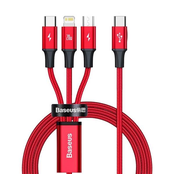 Kabel Baseus Rapid Series 3v1 USB-C (Micro USB/Lightning/USB-C) PD 20W 1,5m červený

