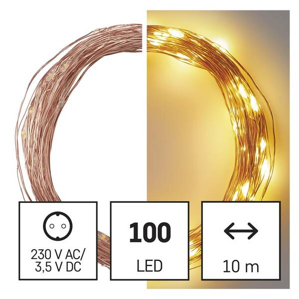 Vánoční osvětlení EMOS 100 LED nano řetěz měděný, 10 m, venkovní i vnitřní, teplá bílá, časovač 

