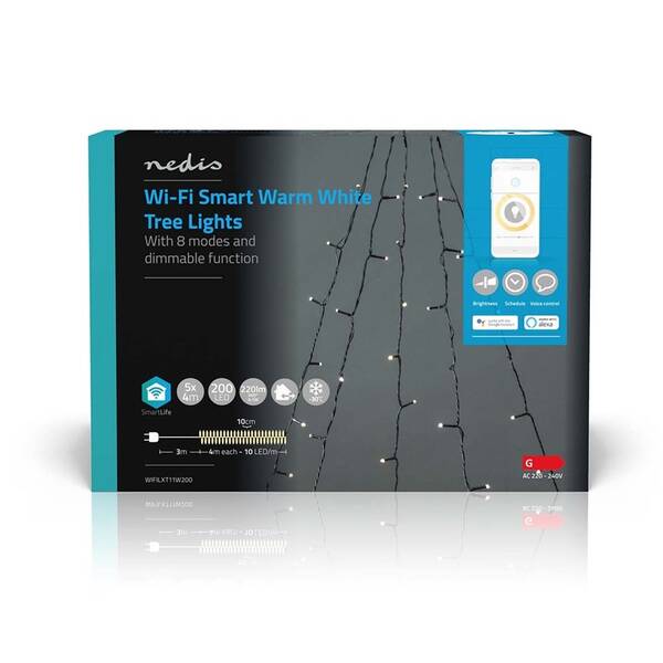 Vánoční osvětlení Nedis SmartLife LED, Wi-Fi, Teplá bílá, 200 LED, 5 x 4 m, Android / IOS 

