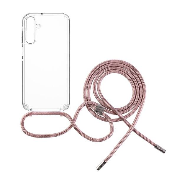Kryt na mobil FIXED Pure Neck s růžovou šňůrkou na krk na Samsung Galaxy A15/A15 5G průhledný

