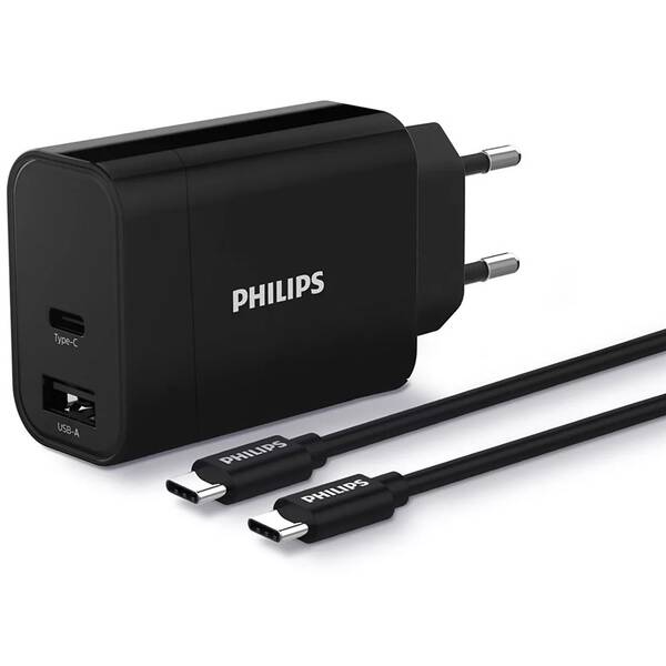 Nabíječka do sítě Philips 1x USB-C, 1x USB A + USB-C kabel 1m černá

