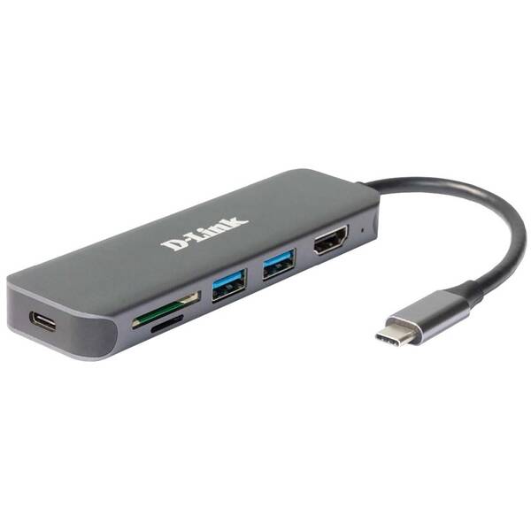 USB Hub D-Link 6v1 z USB-C na HDMI se čtečkou SD/microSD karet a funkcí Power Delivery šedý

