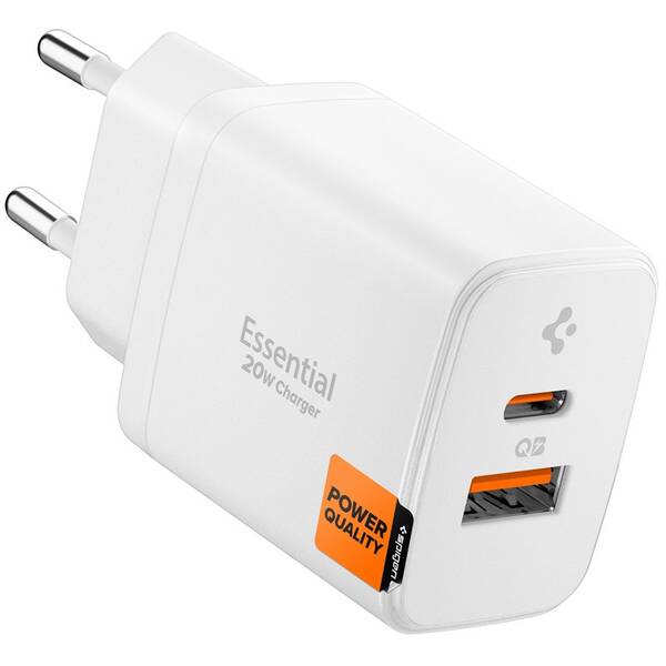 Nabíječka do sítě Spigen Essential 20W 1xUSB-C/1xUSB-A bílá

