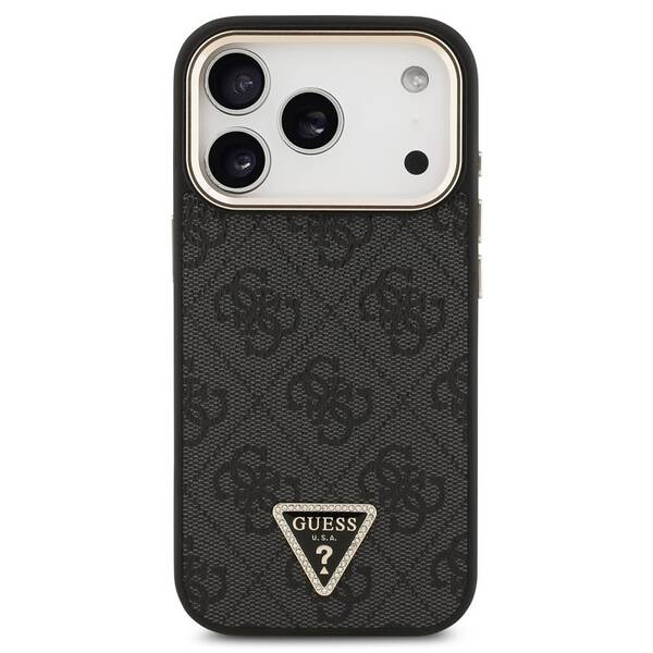 Kryt na mobil Guess 4G Strass Triangle Logo Gold Frame MagSafe na Apple iPhone 18 Pro černý

