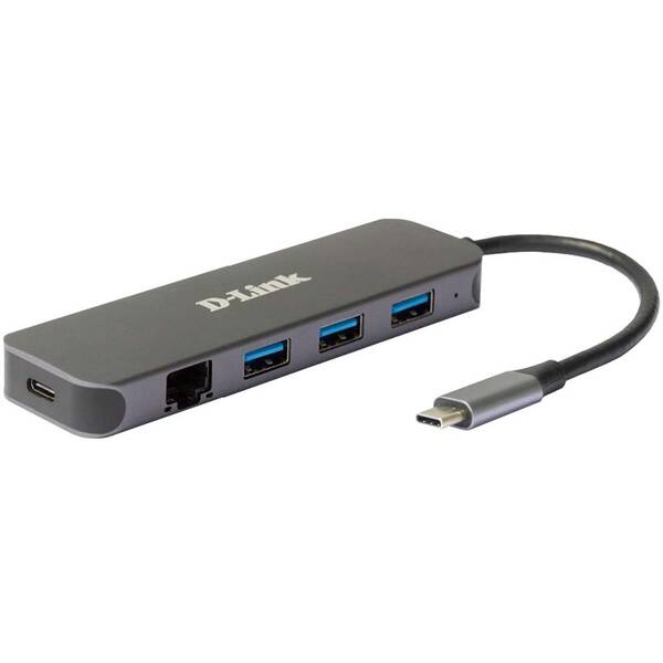 USB Hub D-Link 5v1 z USB-C na Gigabit Ethernet a funkcí Power Delivery šedý

