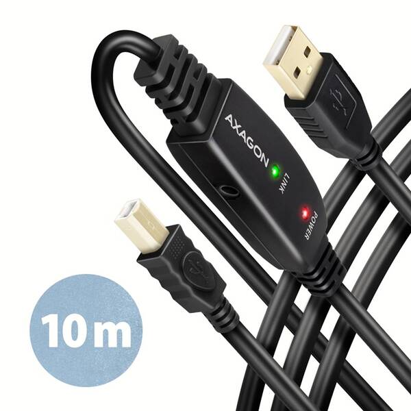 Kabel Axagon USB 2.0 A-M -> B-M aktivní propojovací kabel, 10m černá


