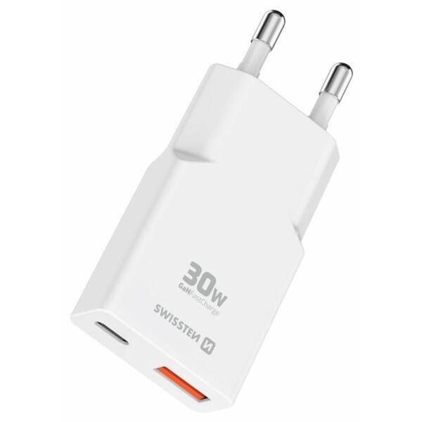 Nabíječka do sítě Swissten GaN USB-C/USB-A 30 W bílá

