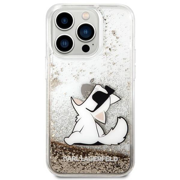Kryt na mobil Karl Lagerfeld Liquid Glitter Choupette Eat na Apple iPhone 14 Pro zlatý

