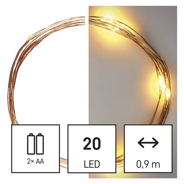 Vánoční osvětlení EMOS 20 LED nano řetěz, 1,9 m, 2x AA, vnitřní, teplá bílá, časovač 

