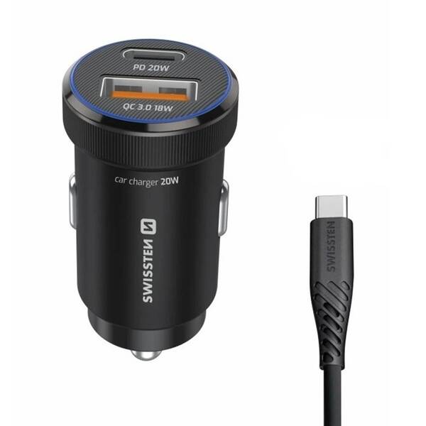 Adaptér do auta Swissten USB-C PD + USB-A, 20W + USB-C kabel 1m černý

