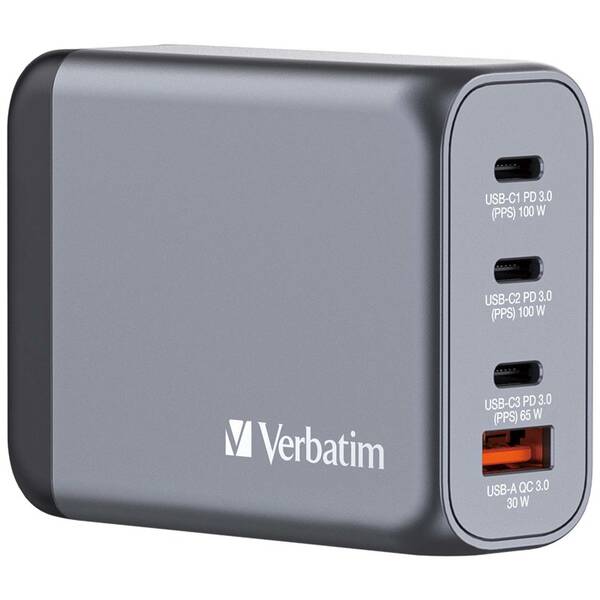 Cestovní adaptér Verbatim GNC-100 GaN 100W, 3x USB-C PD 100/65W, 1x USB-A QC 3.0 stříbrný

