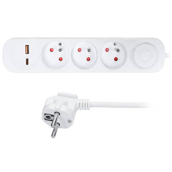 Kabel prodlužovací Solight 3 zásuvky, USB A+C 20W PD, vypínač, 3 x 1mm2, 3 m bílý

