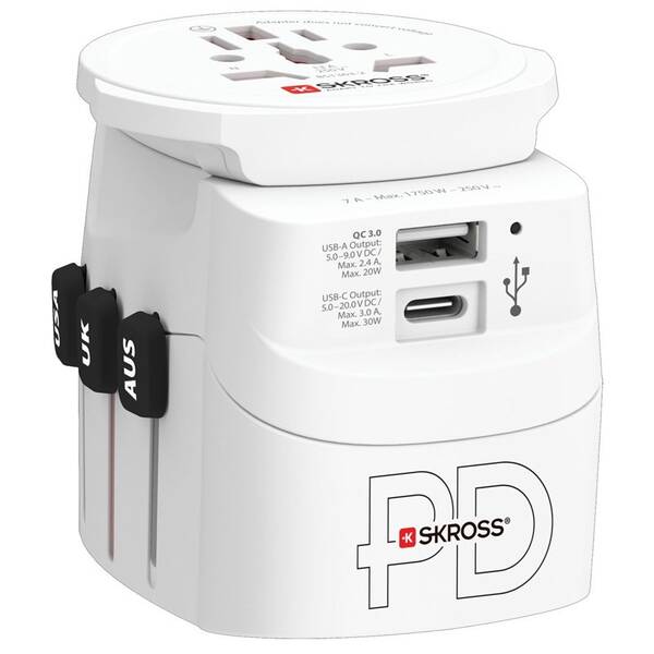 Cestovní adaptér SKROSS PRO Light USB AC30PD World, 7A max., USB A+C, PD 30W, UK+USA+Austrálie/Čína 

